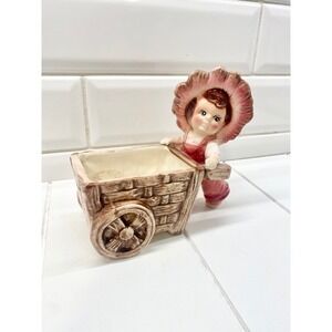 Vintage Pink Ceramic Farmer Planter with Cart, 1960s Retro Decor